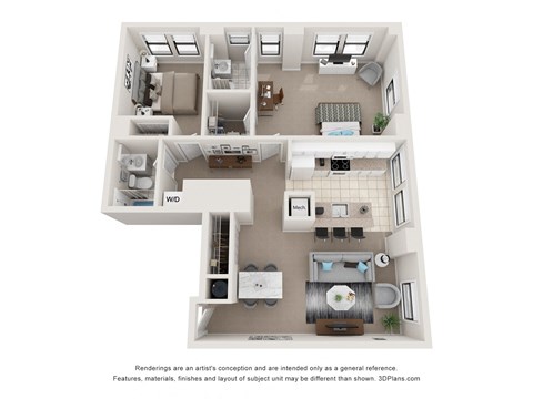 Floor plan for 2 beds, 2 baths, 1073 sqft